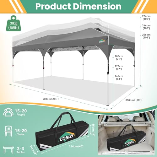 COBIZI 10x20 Pop Up Canopy Tent, Outdoor Party Tent with 4 Sidewalls, 1 Person Easy Set up, Tents for Parties with Fluorescent Strip & 4 Sandbags, Waterproof UPF50+, 3 Adjustable Height, Gray - color: Gray, size: 10x20ft