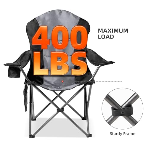 2 Pack Folding Camping Chairs for Adults - High Back Padded Outdoor Lawn Chairs with Lumbar Support & Cup Holder, 400lbs Heavy Duty Portable Camping Chairs Set (Black & Light Gray) - color: Black & Light Gray, size: 2 PCS