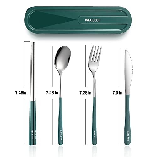 Travel cutlery set, 18/8 stainless steel cutlery, Reusable utensils set with case, Portable Silverware Lunch Box for Camping and Office (Green/knife set) - color: Dark Green