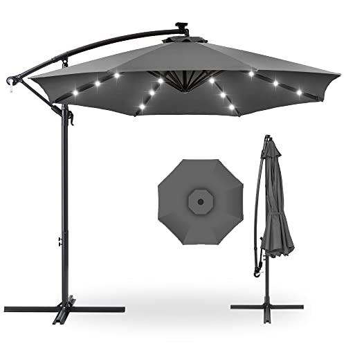 Best Choice Products 10ft Solar LED Offset Cantilever Hanging Market Patio Umbrella, 8 Sturdy Ribs, Easy Adjustment - Gray - color: Gray, size: Offset