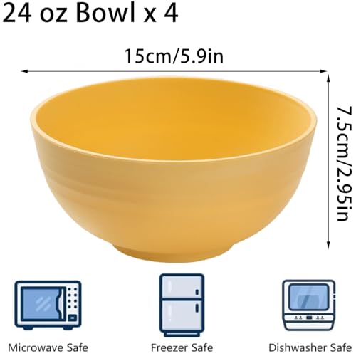 Unbreakable Wheat Straw Cereal Bowls Set of 4, 24 OZ Microwave and Dishwasher Safe Lightweight Soup and Salad Bowl Sets, Reusable Dessert Bowls for Rice, Pasta, Snack, Fruit, BPA Free (Yellow) - color: Orange