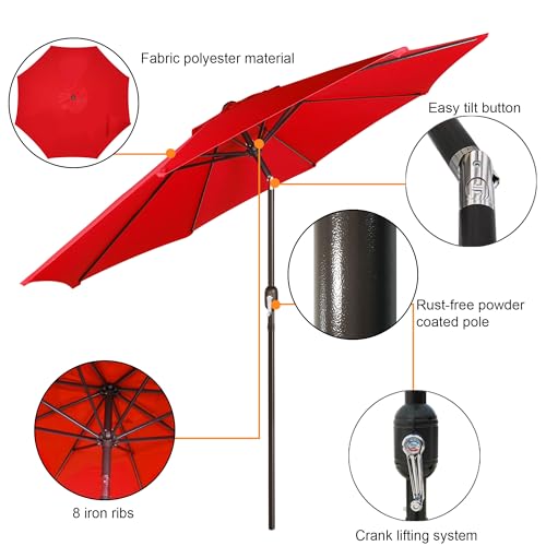 Blissun 9' Outdoor Patio Umbrella, Outdoor Table Umbrella, Yard Umbrella, Market Umbrella with 8 Sturdy Ribs, Push Button Tilt and Crank - color: Bright Red