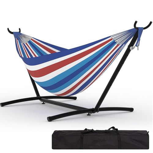 Double Hammocks with Stand for Outside, Portable Space Saving Heavy-Duty Steel Stand for Indoor Outdoor Patio with Carrying Bag, 450 lbs Capacity - color: Blue-white-red Striped