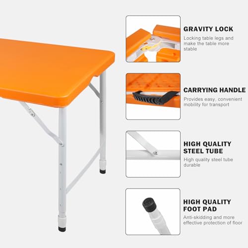 Portable Plastic Folding Table 4ft/6ft/8ft Heavy Duty White-Orange Picnic Dining Table Fold-in-Half for Camp Party Kitchen Indoor Outdoor - color: Orang, size: 4FT, style: Flat Desktop