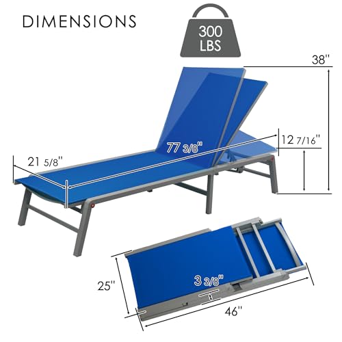 Kozyard Outdoor Foldable Lounge Chair, Aluminum Frame Patio Lounger with 5-Position Adjustable Backrest, Breathable Textilene Fabric, Assemble-Free, Reclining Full-Flat Poolside(Blue) - color: Blue
