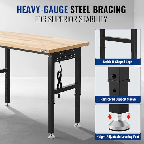 WORKPRO 96x24" Heavy-Duty Adjustable Workbench, 4000LBS Load Capacity Work Table with Power Outlet & Pegboard, Rubber Wood Top Workstation with Leveling Foot for Garage, Workshop - size: 8FT workbench