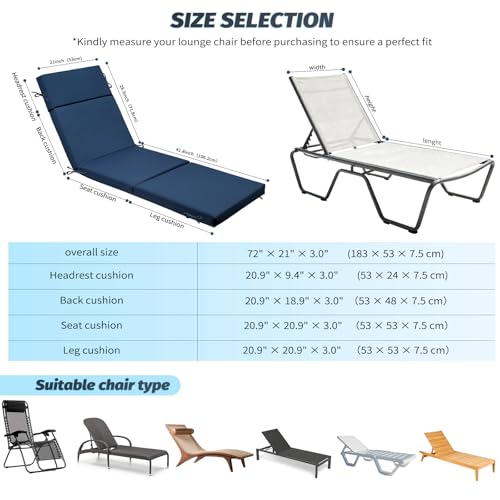 2 Pcs Outdoor Chaise Lounge Cushion 72" x 21" x 3", 4-Section Folding Patio Lounge Chair Cushion with Ties, Waterproof & Fade Resistant Replacement Cushion for Pool, Patio, Deck (Blue, 2 Pcs) - color: Blue, size: 2 Pcs