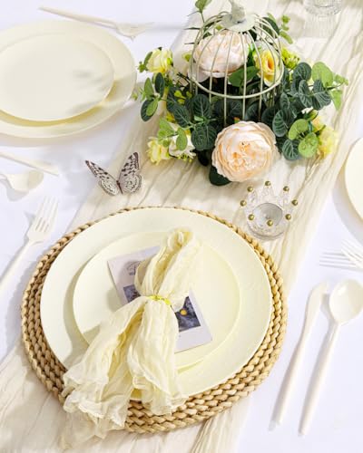 WONDERFUL 32pcs Heavy Duty Plastic Plates Reusable Unbreakable & Dishwasher safe Ivory Plastic Plates Dishes Set Reusable Plate Frosted Design Includes:16 Dinner 10" and 16 Dessert Plate 7.3" - color: Ivory