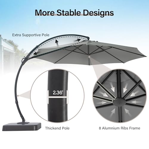 LAUSAINT HOME 11FT Patio Cantilever Umbrella with Base Outdoor Curvy Round Offset Umbrella, Heavy Duty Aluminum Patio Umbrella with 360°Rotation and Windproof, for Garden, Pool, Deck, Backyard, Market(11 FT Grey）