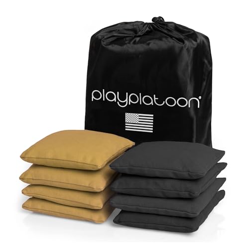 Play Platoon Cornhole Bags Weather Resistant- Set of 8 Regulation Bean Bags for Tossing- Official Professional Size & Weight Corn Hole Bags Two Color All Weather Cornhole Beans Bag Set with Tote Bag - color: Black & Gold