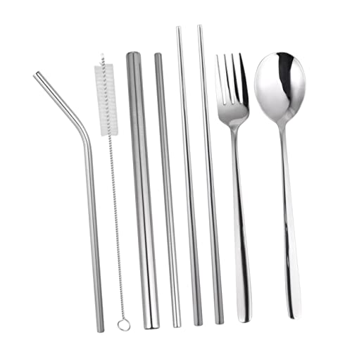 LABRIMP 8pcs Stainless Steel Tableware Set Portable Cutlery Kit with Chopsticks and Straws for Outdoor Dining Picnics and Daily Use Includes Black Carrying Bag