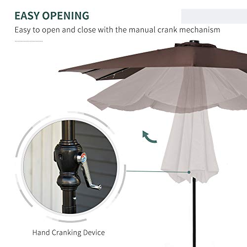 Outsunny 9' x 7' Solar Umbrella, LED Lighted Patio Umbrella for Table or Base with Tilt & Crank, Outdoor Umbrella for Garden, Deck, Backyard, Pool, Beach - color: Brown