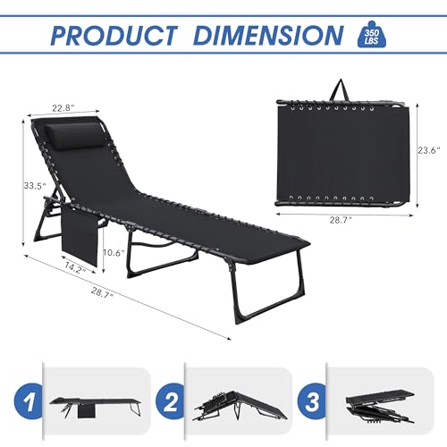 Flamaker Foldable Chaise Lounge Chair 5-Position Adjustable, Tanning Chair with Side Pocket, Outdoor Sunbathing for Pool, Beach, Patio, Lawn, Indoor Recliner Chair for Napping(Black, 1 Pcs) - color: Black, style: Normal, 1 Pcs