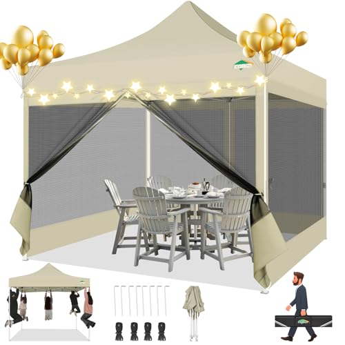 COBIZI 10x10 Canopy Tent with 4 Sidewalls,Heavy Duty Pop up Canopy with Mosquito Netting,Easy up Screen Tent for Parties Wedding Outdoor Camping with Handbag,Khaki - color: Khaki, size: 10x10FT(Standard)