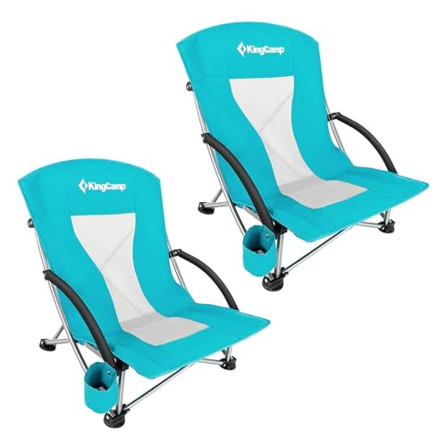 KingCamp Low Beach Chair, High Back Folding Camping Chair for Adults, Oversized Breathable Mesh Seat, 300lbs Heavy Duty Portable Chair with Cup Holder & Storage Pockets for Beach, Outdoor - color: Ergobreeze C Cyan 2pcs