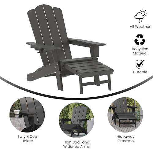Flash Furniture Newport Adirondack Cup Holder and Pull Out Ottoman, All-Weather HDPE Indoor/Outdoor Lounge Chair, Set of 2, Gray - color: Grey, size: Set of 2