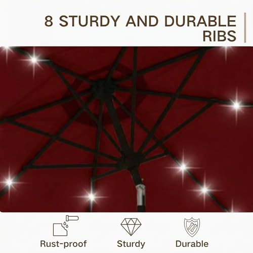 Kingdura 9FT Outdoor Patio Umbrella with Solar Lights, Market Table Umbrella with Push Button Tilt & Crank, 8 Sturdy Ribs, 32 LED Lights, UV Protection for Garden Lawn Deck Backyard Pool (Dark red) - color: Dark red-LED, size: 9 Ft