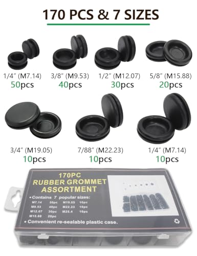 EASYEAH 170 Pcs Rubber Grommets Firewall Hole Plug Set Electrical Wire Gasket Kit, Automotive Rubber Grommets for Wiring Assortment Kit for 1/4 3/8 1/2 5/8 3/4 7/8 1 Inch Round Drill Hole - style: 7 Sizes-170 pcs, Closed