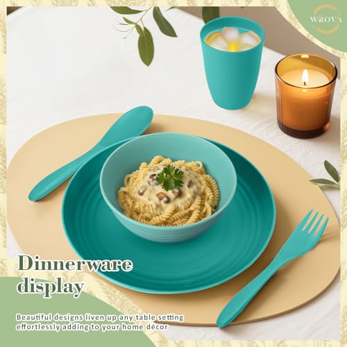 Wrova Wheat Straw Dinnerware Sets of 20,Dishwasher Safe Kitchen Plates and Bowls Sets,Camping Dishes Sets Contains Dinner Plates,Cereal Bowls,Drinking Cups and Flatware.(Green) - color: Green, size: 20 Pack