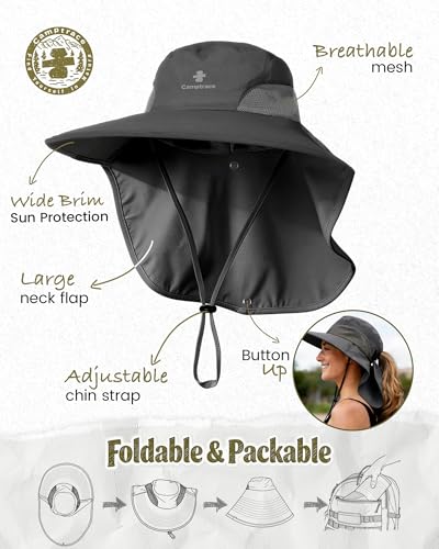 Camptrace Sun Hats for Women Men UPF 50+ UV Protection Wide Brim Hiking Fishing Hat with Neck Flap - color: 06-dark Grey