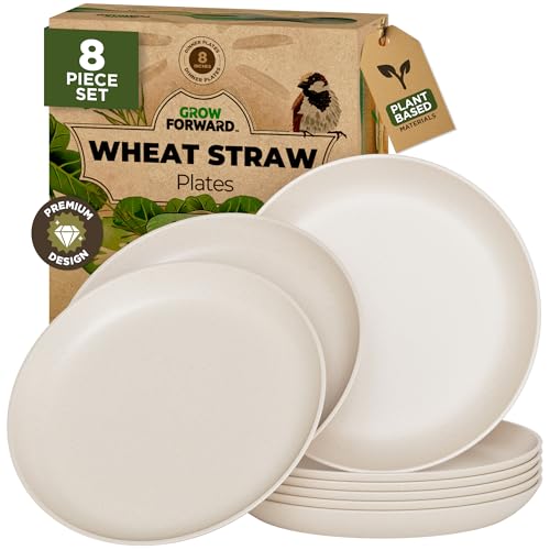 Grow Forward Premium Wheat Straw Plates - 8 Inch Reusable Hard Plastic Dinner Plates Set of 8 - Unbreakable Microwave Safe Plates for Dessert, Camping, RV, Outdoors, Patio, Kitchen Dishes - Sahara - color: Sahara Beige, size: 8 inch