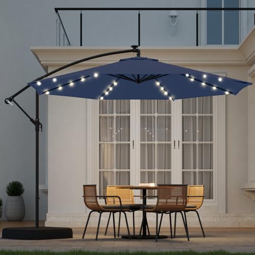 10FT 40-LED Solar Lighted Patio Umbrella with Base Included, Outdoor Offset Cantilever Umbrella, Infinite Tilt, UV Protection for Backyard, Lawn, Garden & Pool - color: Navy Blue, size: 10FT 40LED w/Base (Offset Umbrella)