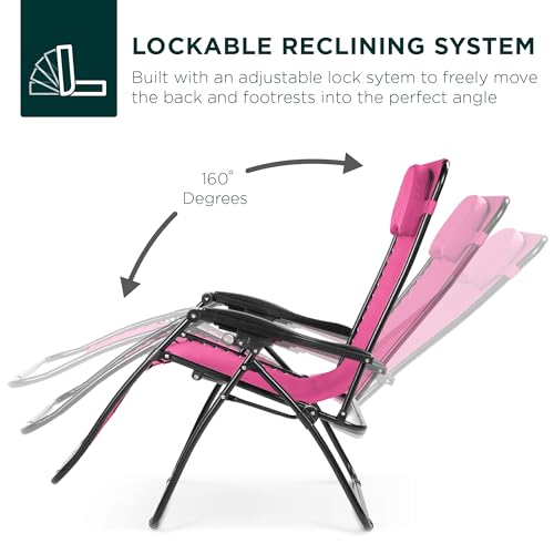 Best Choice Products Oversized Zero Gravity Chair, Folding Outdoor Patio Lounge Recliner w/Cup Holder Accessory Tray, Pillow - Hot Pink/Black - color: Hot Pink/Black
