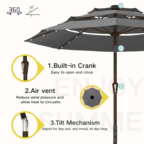 Kingdura 9ft 3-Tier Patio Umbrella with Solar Lights, Table Umbrella Outdoor Patio with Easy Crank & Tilt, 8 Sturdy Ribs, UV Protection, 32 LED Lights for Deck, Poolside, Market (Grey) - color: Dark grey-LED, size: 9 FT