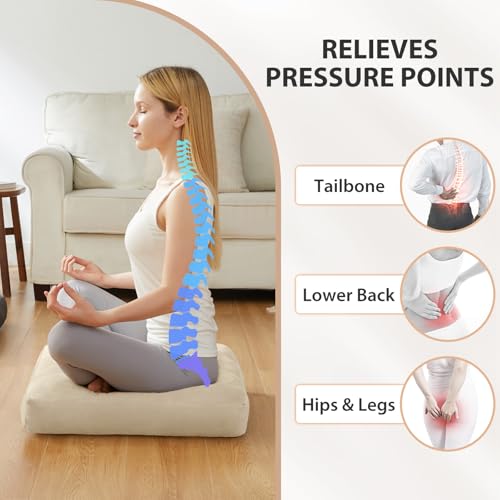 Meditation Floor Pillow Set of 1, Square Large Pillows Seating for Adults, Meditation Cushion Pillow,Tufted Corduroy Cushion for Tatami Living Room or Yoga, Beige, 22x22 Inch - color: Beige
