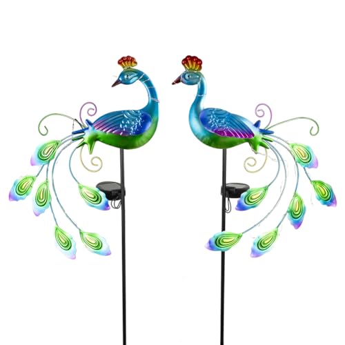 DREAMSOUL 2 Pack Metal Peacock Solar Lights Outdoor Waterproof LED Solar Lights, Decorative Garden Stakes for Yard Pathway Peacock Decor - color: Vibrant-2pack