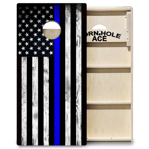 CornholeAce ACE PRO American Flag Cornhole Board Set - No Bounce! Triple Wide Legs, 3/4" Baltic Birch Plywood, Handles, Regulation Size (4x2ft), Tournament Style, Made in USA - color: Thin Blue Line Police Flag