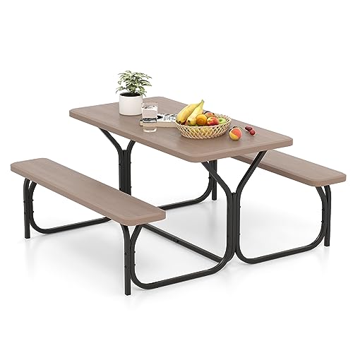 Giantex Picnic Table Bench Set Outdoor Camping All Weather Metal Base Wood-Like Texture Backyard Poolside Dining Party Garden Patio Lawn Deck Furniture Large Camping Picnic Tables for Adult - color: Coral Reef, size: 4.5FT