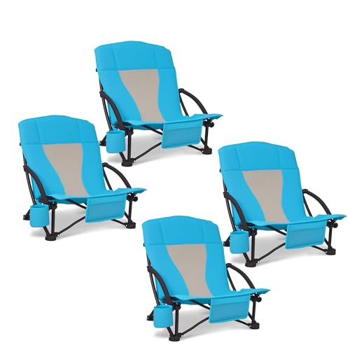 Portable Folding Beach Chair with Cooler Bag for Adults - Lightweight Low Back Sling Chair with Cup Holder & Storage Pocket (Blue w/Cooler, 4 pcs) - color: Blue W/ Cooler, size: 4 pcs