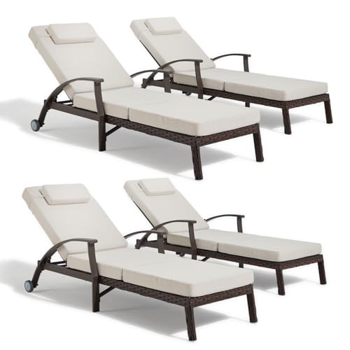 Outdoor Lounge Chairs Set of 4, Lounge Chair Outdoor Chaise Lounge with Adjustable 6-Position, 115-180° for Poolside, Backyard, Lawn, Deck (79.1'', Beige) - color: Beige, size: 4 pieces