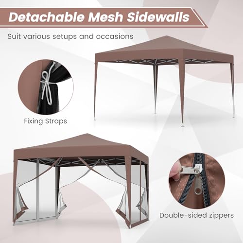 Tangkula 10x10 Ft Pop Up Canopy with Netting, Easy Up Outdoor Tent with Mesh Sidewalls, Carrying Bag, Adjustable Height, Portable Canopy Tent for Parties Events Camping Travel - color: Brown