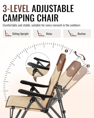 KingCamp Folding Camping Chair Adjustable 3-Position, Reclining Outdoor High Back Camp Chair with Hard Armrests, Heavy Duty Portable Chair, Dual-Layer Padded Seat & Storage for Camping, Lawn, Backyard - color: 1 Pack-khaki/Coffee-3-level Adjustment
