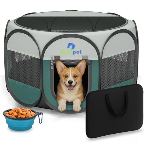 Playpen for Small Dogs Cats Crate: Puppy Play Pen Indoor Outdoor Foldable Potable Exercise Cage Pop up Kennel for Guinea Pig Rabbits Hamster Travel with Carrying Case & Food Bowl (Green, L, 1) - color: Green, size: L