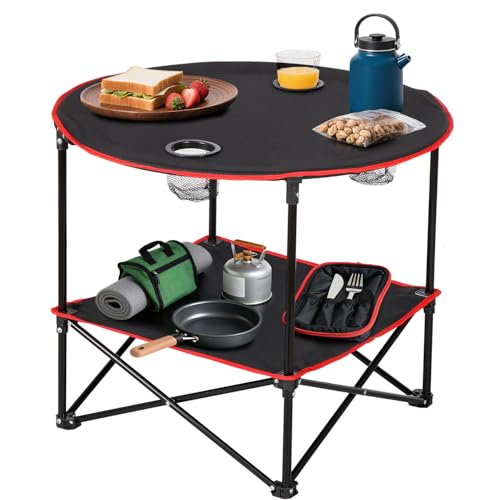 HomGarden 28" Portable Folding Picnic Table Outdoor Camp Table Round 2-Tier with 4 Cup Holders,Portable Tables Folding for BBQ Fishing Beach Table for Party Black