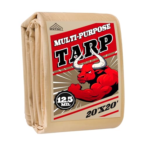 Tarp 20x20 Heavy Duty Waterproof Beige Tarp 12.5mil,Durable,Multipurpose, Weather Resistant,Uv Resistant,Tear Resistant,Can Be Used for Outdoor Furniture,Cars,Ships,Roofs-by MVPNET - size: 20x20