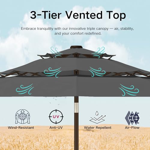 Kingdura 9ft 3-Tier Patio Umbrella with Solar Lights, Table Umbrella Outdoor Patio with Easy Crank & Tilt, 8 Sturdy Ribs, UV Protection, 32 LED Lights for Deck, Poolside, Market (Grey) - color: Dark grey-LED, size: 9 FT