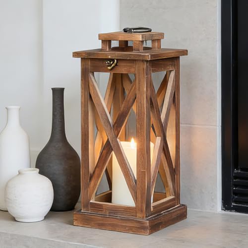 Rustic Farmhouse Wooden Candle Lantern,17'' H Lanterns Decorative Indoor&Outdoor, Patio Decor, Hanging Lantern Holder Decor for Indoor Outdoor, Home, Garden, Wedding - color: Rustic Brown, size: 1 Pc-17'' H