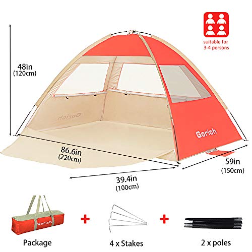 Gorich Beach Tent Sun Shelter for 3/4/6/8/10 Person with UPF 50＋ UV Protection, Lightweight & Easy Setup Beach Shade Canopy, Portable Beach Shade Tent Beach Cabana - color: Orange, size: 3 Person