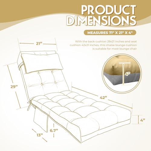 Outdoor Chaise Lounge Chair Cushion, Waterproof Outdoor Chair Cushions for Patio Furniture, 71 x 21 x 4 Inches Replacement Chaise Lounge Cushion with Ties (Khaki) - color: Kakhi