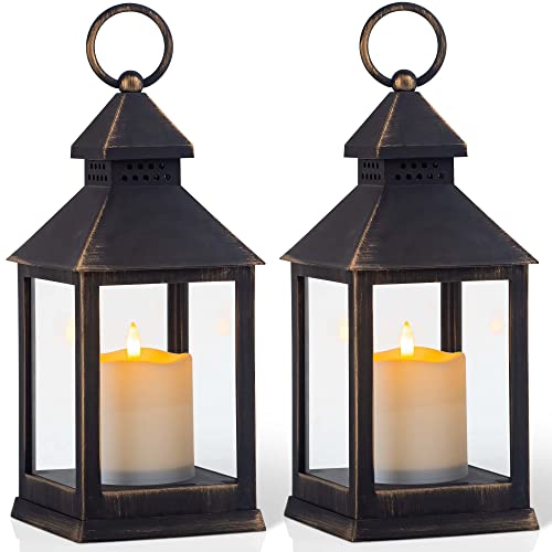 Vintage Golden Brushed Black Lantern Decorative LED Flickering Flameless Candle with Timer, Battery Powered LED Decorative Hanging Lanterns for Indoor Outdoor Garden Yard Home Decor(2 Pack) - color: A-Black gold, size: 2Pack