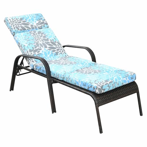 JMGBird 73" Outdoor Chaise Lounge Cushion - Waterproof Tri-Fold Patio Chair Cushion with Removable Cover, Thick Padded for Pool Garden Furniture - color: Light Blue With White