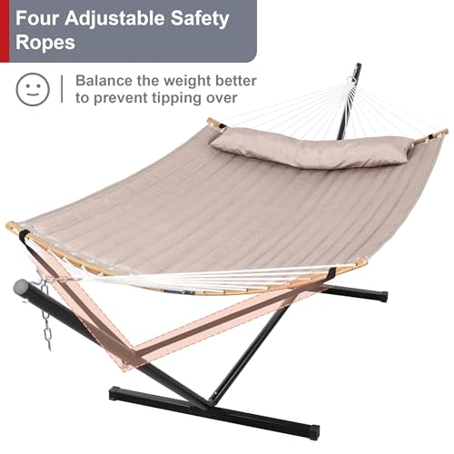 Double Hammock with 12 FT Stand, 2 Person Curved Bar Hammock with Stand, Pillow and Portable Carrying Bag, Heavy Duty 450lbs Capacity, Tan - color: Tan