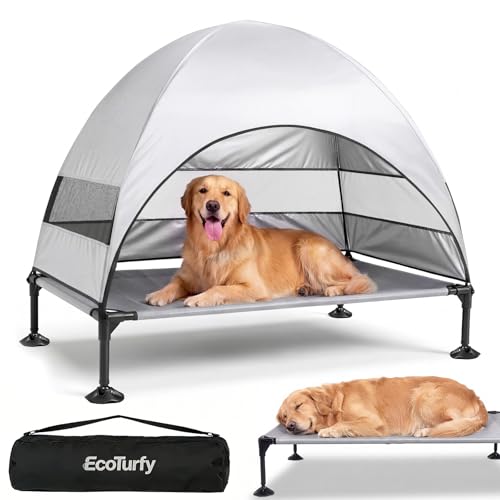 Elevated Dog Bed with Canopy - 3-Sided UV Protection Pet Tent with Wider Shade, Raised Cooling Outdoor Dog Cot with Breathable Mesh for Medium Large Dogs, Portable Pet Bed for Camping, Patio (Grey, L) - color: Grey, size: Large