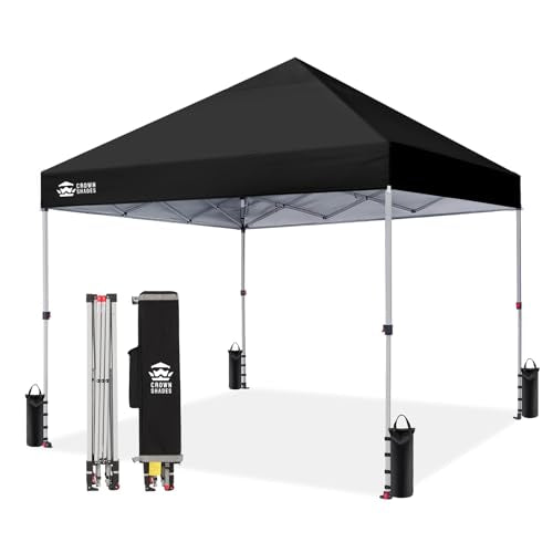 CROWN SHADES 8x8 Pop Up Canopy, Patented Center Lock One Push Instant Popup Outdoor Canopy Tent, Newly Designed Storage Bag, 8 Stakes, 4 Ropes, Silver-Coated Black - color: Black, size: 8x8
