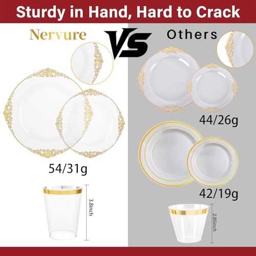 Nervure 350PCS Clear Gold Plastic Plates - Gold Plastic Dinnerware Sets for 50 Guests - 100 Disposable Plates, 150 Silverware, 50 Cups, 50 Napkins for Wedding & Party - color: Clear and Gold