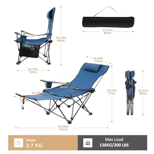 Reclining Folding Camping Chair with Removabel Footrest, Adjustable Folde Camping Chair with Foot Rest, Camp Lounge Outdoor Beach Chair, Oxford Fabric Reclining Design with Pillow Cup Holder, Blue - color: Blue